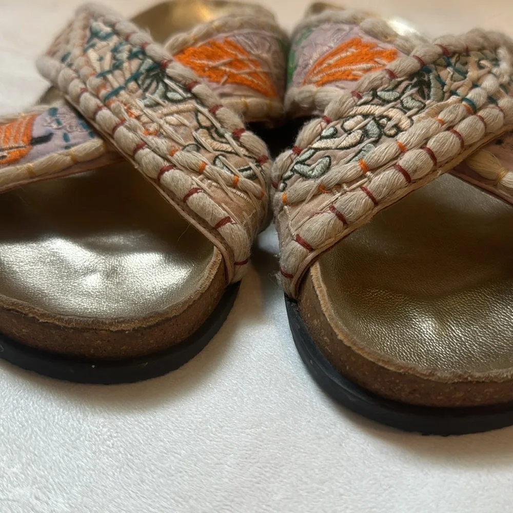Free People Embroidered Cream and Gold Crossband Sandals boho beachy